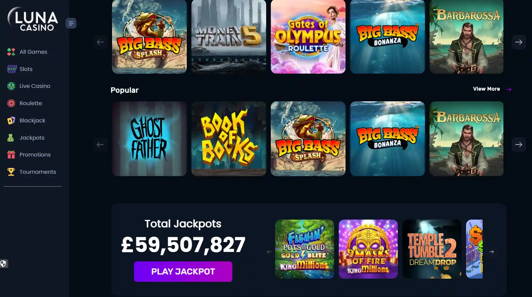 Current Luna Casino UK homepage or lobby