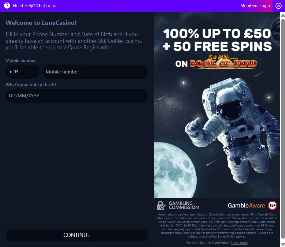 Current Luna Casino UK registration interface with no personal data entered
