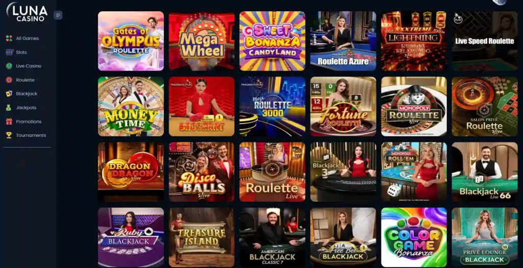 Luna Casino live casino lobby on a current UK-facing page