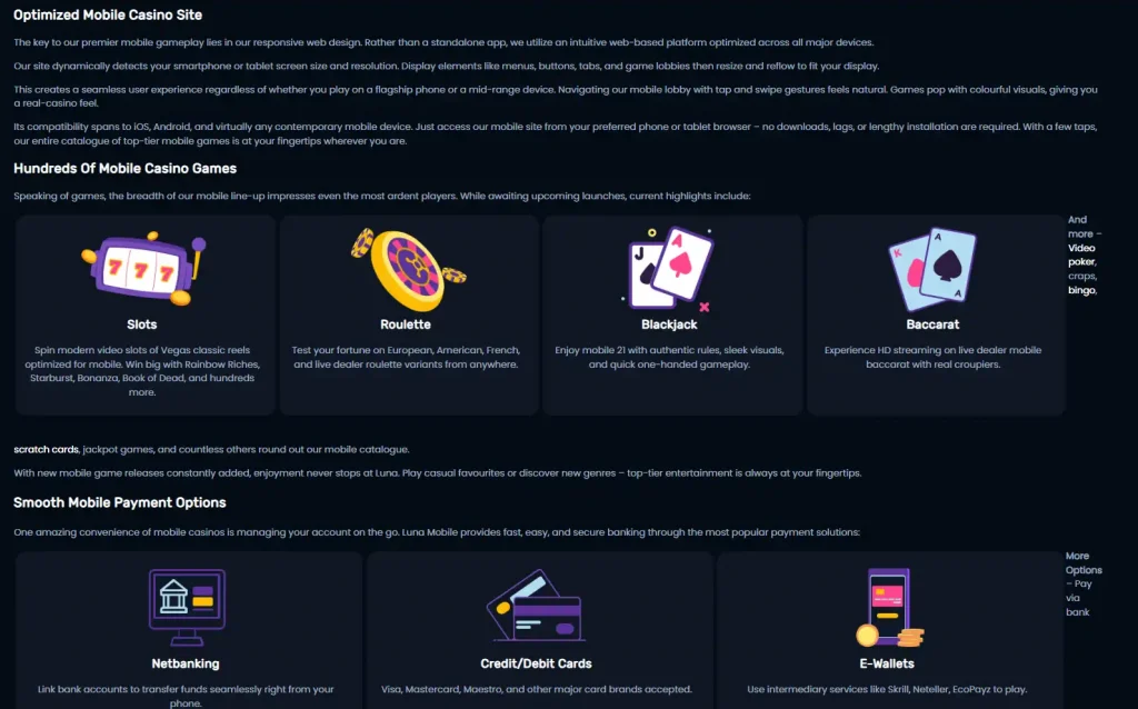 Luna Casino mobile page shown on a current UK-facing interface