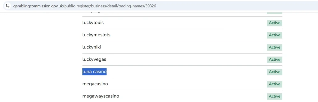 UK Gambling Commission register entry showing Luna Casino as an active Skill On Net Limited trading name